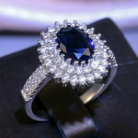 NEW 925 Silver Diamond Oval Sapphire Halo Ring - Picture 2 of 8